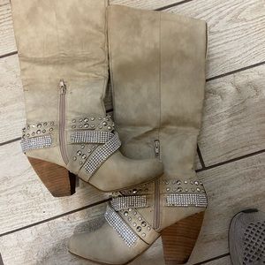 The Buckle Bling Knee High Heel Boots Tan Womens 7
